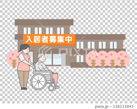 入居者募集中の貼り紙がある介護施設の建物と桜の木のイラスト(女性介護士・高齢男性のイラスト付き) 入居者募集中の貼り紙がある介護施設の建物と桜の木のイラスト(女性介護士・高齢男性のイラスト付き) 138113843