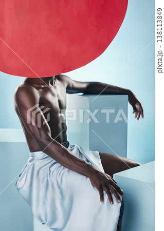 Art, body and man with style, creative graphic and red dot with fitness and workout in studio. Blue background, male model and fit muscle with skin glow, power and strong chest with beauty and cover Art, body and man with style, creative graphic and red dot with fitness and workout in studio. Blue background, male model and fit muscle with skin glow, power and strong chest with beauty and cover 138113849