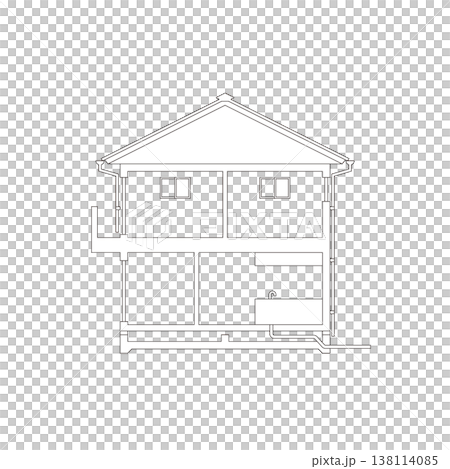 Line drawing illustration of a cross-section of a detached house Line drawing illustration of a cross-section of a detached house 138114085