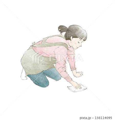 床の拭き掃除をする女性 138114095