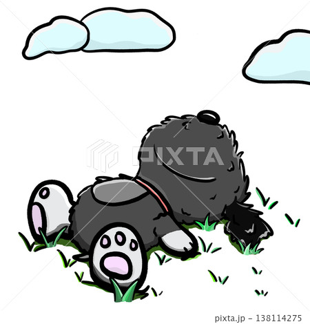Fluffy dog lying flat and sleeping on grass cartoon illustration Fluffy dog lying flat and sleeping on grass cartoon illustration 138114275