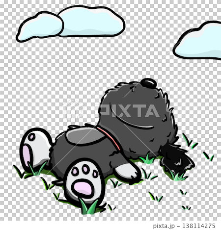Fluffy dog lying flat and sleeping on grass cartoon illustration 138114275
