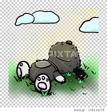Fluffy dog lying flat and sleeping on grass under sunlight cartoon illustration Fluffy dog lying flat and sleeping on grass under sunlight cartoon illustration 138114279