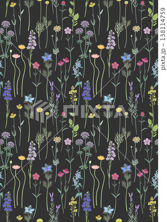 ナチュラルで素朴ないろいろな草花のシームレスパターン 138114759