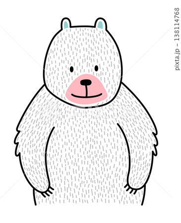 Handdrawn bear illustration featuring soft texture and peaceful demeanor. Delicately sketched bear with pink nose and serene expression emphasizing nursery charm 138114768