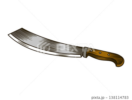 Knife for harvest cane sugar. Harvesting with a primitive sharp tool. handwork. Engraving hand drawn instrument 138114783
