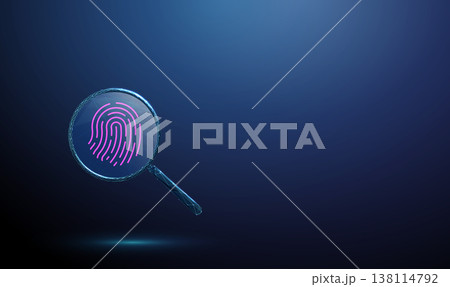 3d fingerprint under magnifying glass. Biometric scanning, identity verification, authentication process, detailed fingerprint analysis, security inspection concept. 138114792