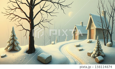 A winter illustration presents nature covered in snow. A winter illustration presents nature covered in snow. 138114874