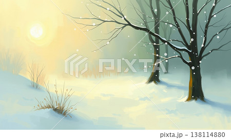 A painted winter landscape shows frozen nature under soft light. Serenity and contemplative mood. A painted winter landscape shows frozen nature under soft light. Serenity and contemplative mood. 138114880