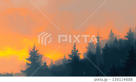 An artistic illustration captures a serene winter landscape. Nature and seasonal mood. An artistic illustration captures a serene winter landscape. Nature and seasonal mood. 138114888