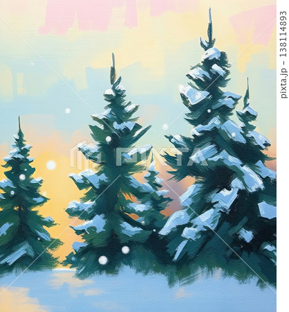 A winter landscape painting depicts snowy nature in an artistic style. 138114893