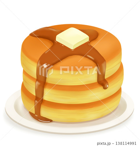 皿にのったホットケーキ(パンケーキ)バターとメープルシロップ 皿にのったホットケーキ(パンケーキ)バターとメープルシロップ 138114991