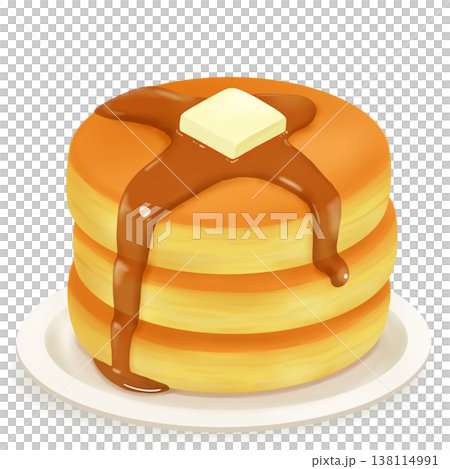 皿にのったホットケーキ(パンケーキ)バターとメープルシロップ 皿にのったホットケーキ(パンケーキ)バターとメープルシロップ 138114991