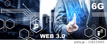 Professional in a suit interacts with a glowing futuristic interface featuring 6G, Web 3.0, and AI icons over a city background, representing digital innovation and advanced connectivity Professional in a suit interacts with a glowing futuristic interface featuring 6G, Web 3.0, and AI icons over a city background, representing digital innovation and advanced connectivity 138115043