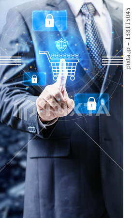 A businessman interacting with a virtual interface showing a shopping cart, padlocks, and legal shield, representing secure e-commerce and digital consumer protection A businessman interacting with a virtual interface showing a shopping cart, padlocks, and legal shield, representing secure e-commerce and digital consumer protection 138115045