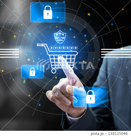 A businessman's hand interacting with a digital interface featuring a secure shopping cart, padlocks, and legal icons, representing consumer protection and cybersecurity in e-commerce 138115046