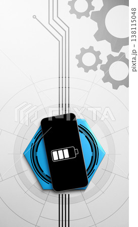 Digital illustration of a smartphone with a battery icon charging, positioned on a blue hexagonal platform against a futuristic background with gears and circuit lines 138115048