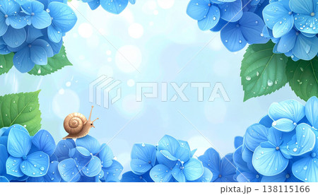 梅雨の雨に濡れた水色の紫陽花とカタツムリの3Dイラストフレーム 138115166