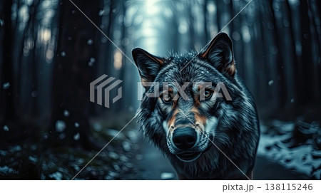 A solitary wolf walks through a dreamy winter landscape. Peaceful isolation and magical wilderness charm. A solitary wolf walks through a dreamy winter landscape. Peaceful isolation and magical wilderness charm. 138115246