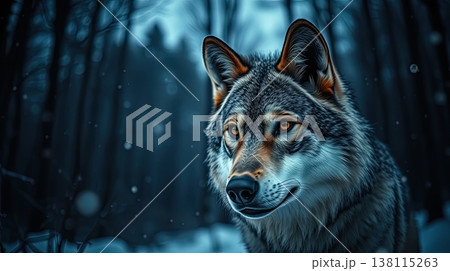 A lone wolf on a frozen path through the wilderness. Serenity, vigilance, and natural power. 138115263