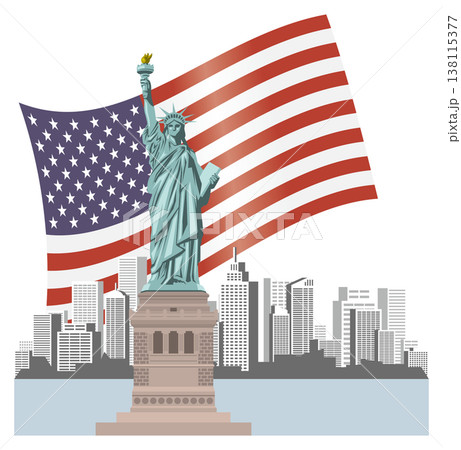 自由の女神とアメリカ国旗とビル群のイメージイラスト 自由の女神とアメリカ国旗とビル群のイメージイラスト 138115377