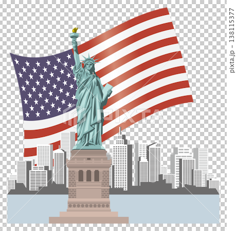 自由の女神とアメリカ国旗とビル群のイメージイラスト 自由の女神とアメリカ国旗とビル群のイメージイラスト 138115377