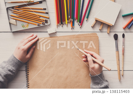 Creative artist workspace top view. Background of painting and drawing, art stationery Creative artist workspace top view. Background of painting and drawing, art stationery 138115403