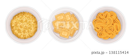Rice ravioli and spaghetti set top view vector hand drawn illustration. Isolated food in white ceramic bowl cartoon drawing for restaurant template. Pasta ingredient graphic art for product design. 138115414
