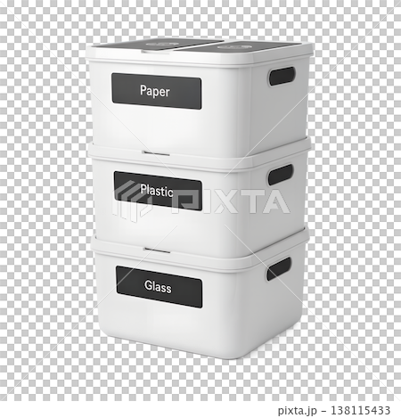 Stacked recycling bins for waste separation, representing sorting systems, sustainability, and responsible waste management 138115433