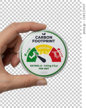 Hand holding a carbon footprint rating badge with an eco-score, representing sustainability, environmental impact, and green certification 138115437