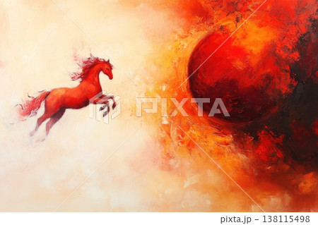 An abstract painting shows a Christmas ball with a red horse image inside. Symbolism, energy, and festive imagination. 138115498
