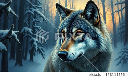 The wolf moves carefully through a frosty forest path. Solitude, strength, and untamed wilderness. The wolf moves carefully through a frosty forest path. Solitude, strength, and untamed wilderness. 138115536
