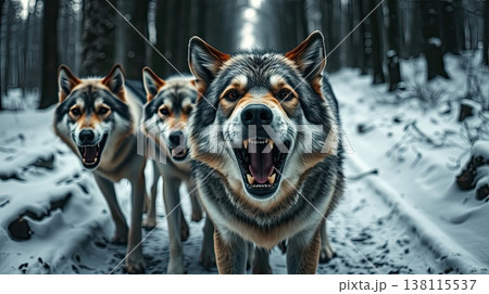 The wolves moves carefully through a frosty forest path. Solitude, strength, and untamed wilderness. The wolves moves carefully through a frosty forest path. Solitude, strength, and untamed wilderness. 138115537
