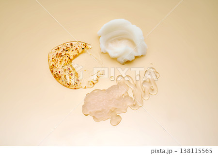 Various cosmetic skincare product textures on nude background 138115565