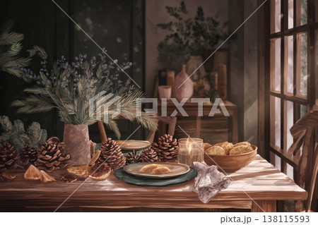 Candles and botanical ornaments highlight an eco-conscious Christmas setup. The scene conveys mindfulness, joy, and seasonal charm. Candles and botanical ornaments highlight an eco-conscious Christmas setup. The scene conveys mindfulness, joy, and seasonal charm. 138115593