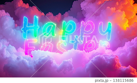 Rainbow-colored Happy Easter lettering illuminated by gentle light. A modern and elegant holiday greeting. 138115686