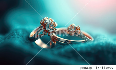 Two rings arranged with gentle shadows on neutral pastel surface. Subtle elegance and minimal style. 138115695