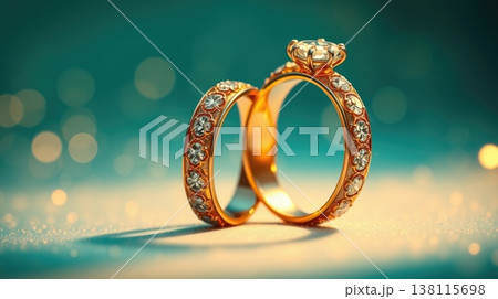 Elegant duo of jewelry rings in airy soft light. Minimal luxury and timeless aesthetic. 138115698