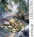 A watercolor illustration shows a small eco-picnic set in a forest clearing. Calm living and mindful connection with nature. 138115705