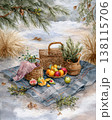 A gentle painting depicts a winter picnic with natural decorations and soft tones. Calm celebration and mindful seasonal living. 138115706