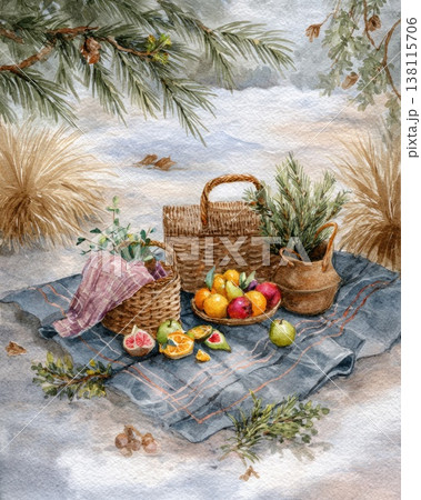A gentle painting depicts a winter picnic with natural decorations and soft tones. Calm celebration and mindful seasonal living. 138115706