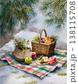 A gentle painting depicts a winter picnic with natural decorations and soft tones. Calm celebration and mindful seasonal living. 138115708