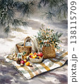 A watercolor scene shows a sustainable Christmas picnic set in an urban environment. Harmony between city life and eco-friendly holiday values. 138115709