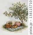 A watercolor scene shows a sustainable Christmas picnic set in an urban environment. Harmony between city life and eco-friendly holiday values. 138115710