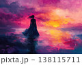 Bright colors illuminate a woman surrounded by glowing waves at sunset. Serenity, reflection, and connection with nature. 138115711
