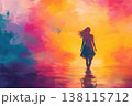 A woman stands in ocean water at sunset along the sea coast. The painting of a freedom, calmness, and vivid emotional beauty. 138115712
