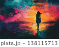 A woman stands in ocean water at sunset along the sea coast. The painting of a freedom, calmness, and vivid emotional beauty. 138115713
