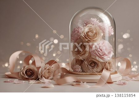 ガラスドームに飾られたバラとリボン　エレガントなフラワー背景 138115854