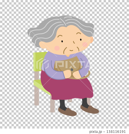 一幅描繪老婦人手提包坐著的插圖，展現了日常生活。 138116191