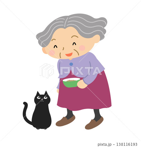 シニア女性 猫と過ごす 立ち姿 日常生活 イラスト シニア女性 猫と過ごす 立ち姿 日常生活 イラスト 138116193